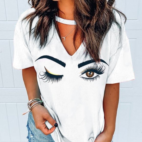 www.citrusandjune.com Tops - Eyelash Wink Cutout V-Neck Tee White